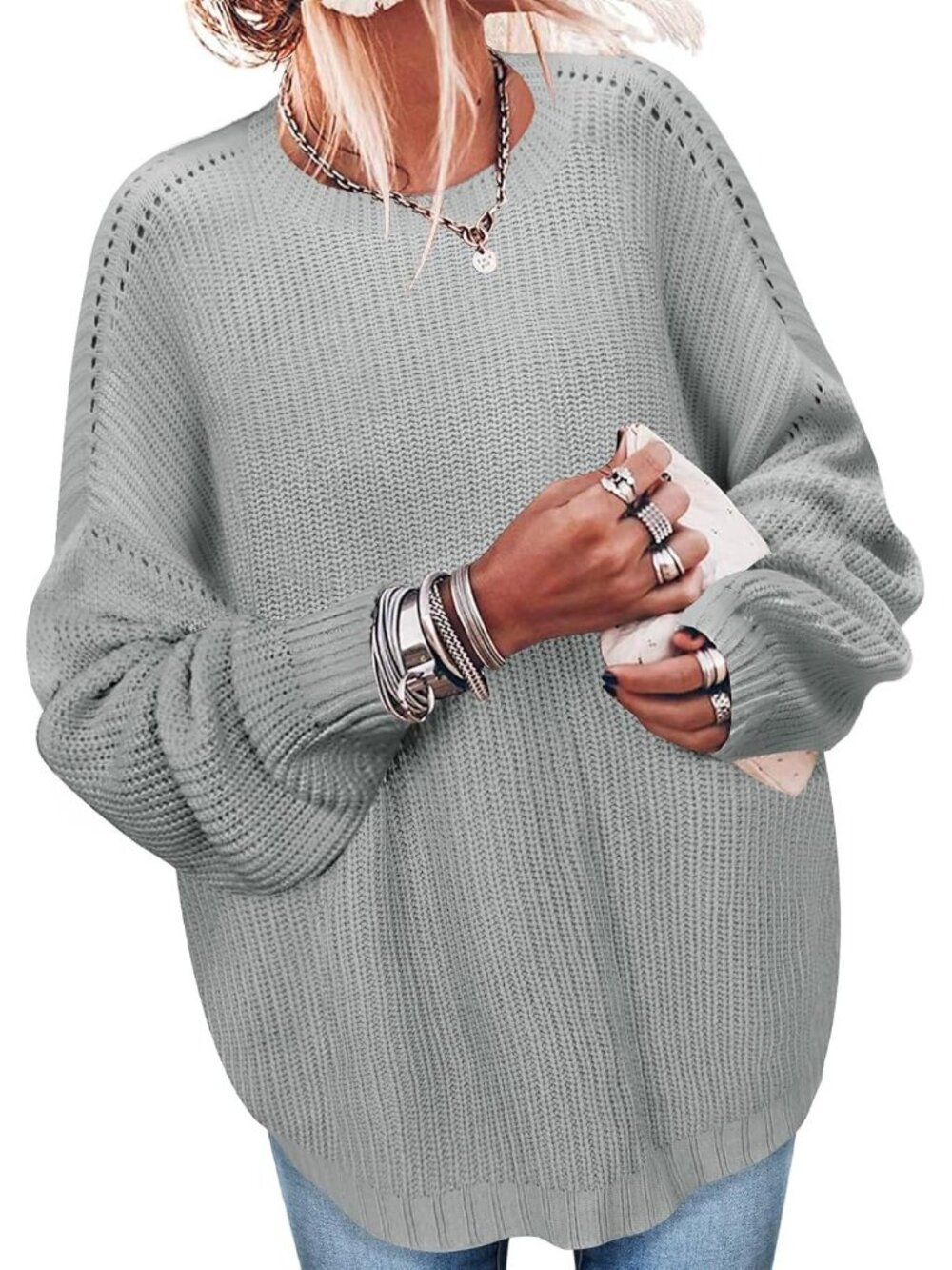 Women's Gray Fashion Oversized Casual Knit Ribbed Pullover Tunic Sweater Tops